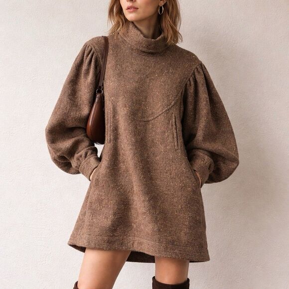 Kenzo Paris Vintage Wool Turtleneck Dress Brown Textured Puff Sleeve Oversized M